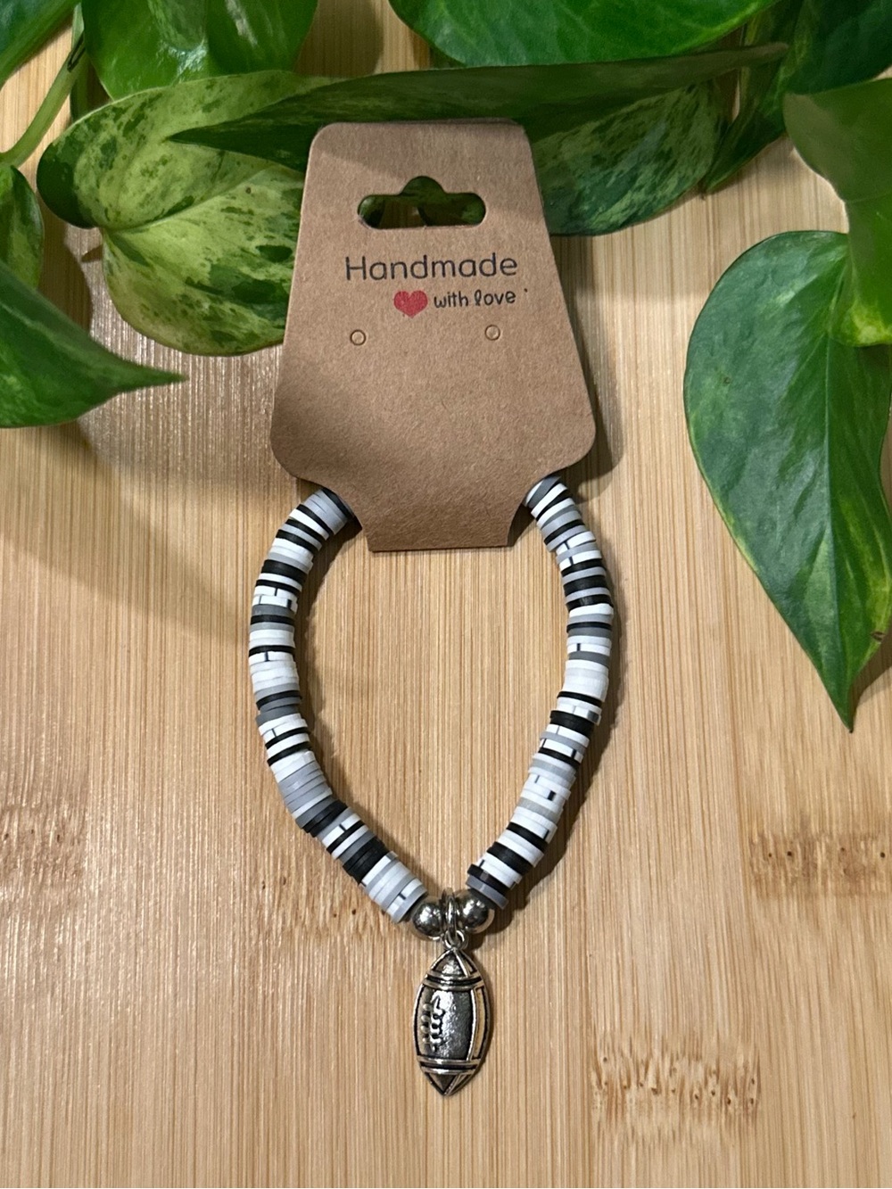 🏈✨ Football Stretchy Beaded Bracelet | Handmade‎ | Silver Football Dangle Charm